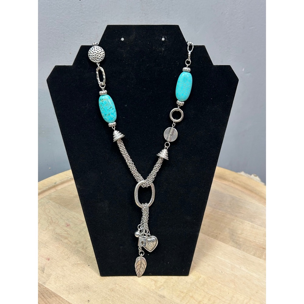 Turquoise Silver Tone Boho Y Drop Necklace‎ Charm Heart Leaf Statement